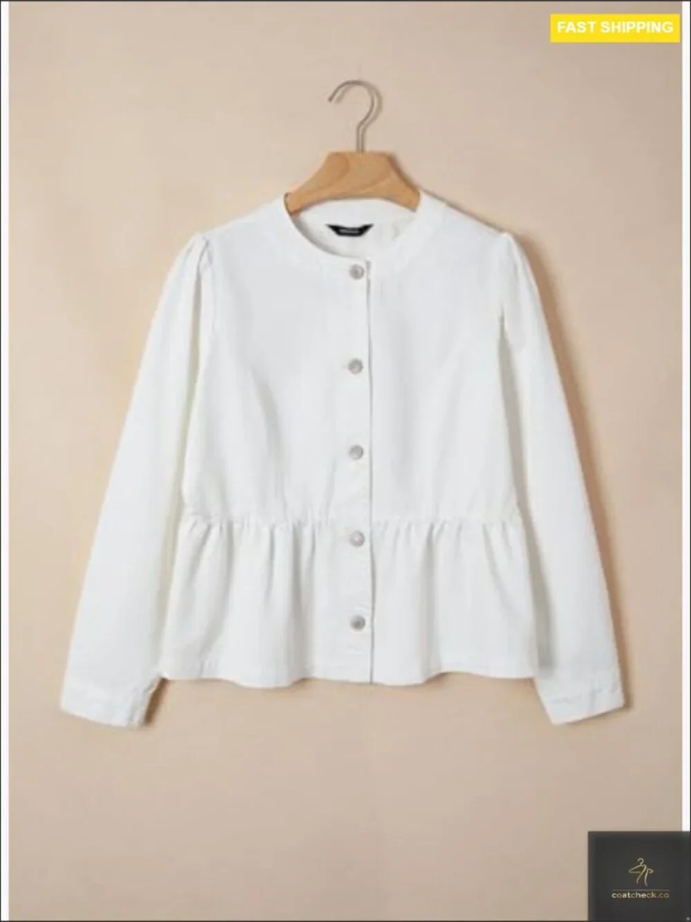 Cropped Denim Jacket Peplum Ruffle Hem Puff Sleeves Chic Modern Button Down